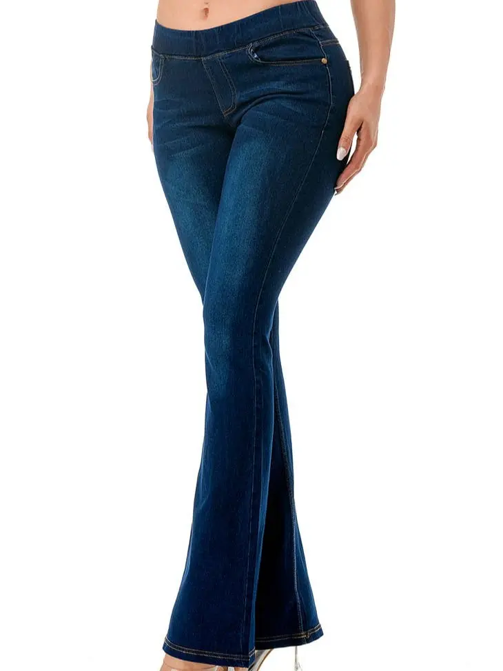 Women's Cotton Dark Wash Pull On Denim Flare Jeans Wide Leg Tummy Control Fitted Flared Hem Elastic Waistband Casual Boho Street Style Bottom Comfort