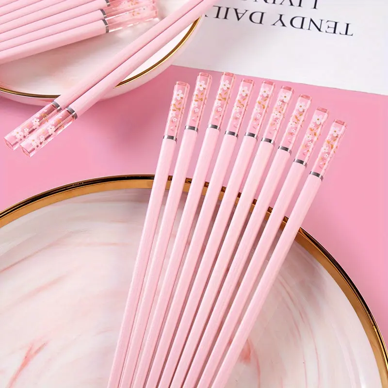 5 Pairs Of Pink Alloy Chopsticks With Cherry Amber, Reusable For Home Dining, Chinese And Korean Style Tableware, Fast Food, Noodles, Sushi Sticks, Ramen Chopstick, Utensils
