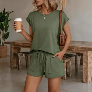 Summer Women’s  Crew Neck 2 Piece Short Sets Cap Sleeve Drawstring Summer Sweatsuit with Pocket Comfy Matching Travel Set