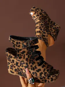 European and American Style Leopard Print Sandals, Hollow Out Buckle Thick Sole Waterproof High Heel Boots, Casual Textile Shoes