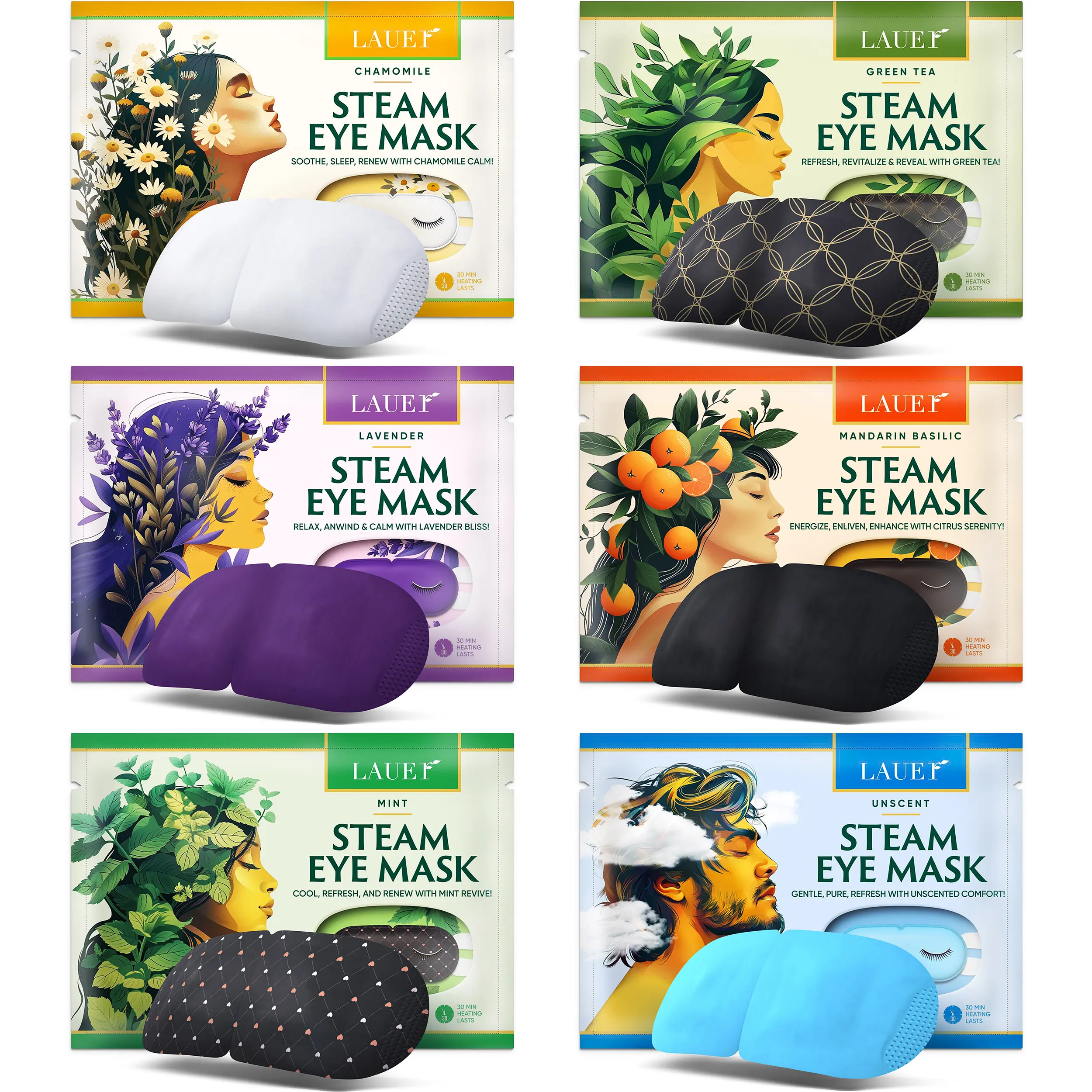 LAUER Self-Heating Steam Eye Treatment Mask, Disposable Warm Eye Compress for Relaxation & Eye Comfort, 30-Minute Gentle Heat, Travel Friendly Eye Mask, Lavender, Chamomile, Green Tea, Mint, Mandarin Basil & Unscented