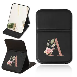 Letter Pattern Makeup Mirror, 1 Box Portable PU Leather Handheld Cosmetic Mirror with Foldable Protective Cover, Travel-friendly Beauty Tool for Daily Use, Folding Makeup Mirror