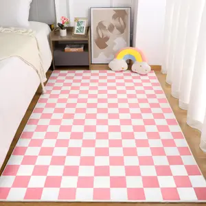 Stain-Resistant Non-Slip Washable Checkerboard Rug, Soft Low-Pile Geometric Carpet | Black/Pink/Navy| 6x9 Feet  for Living Room Bedroom Entry Kitchen Dorm