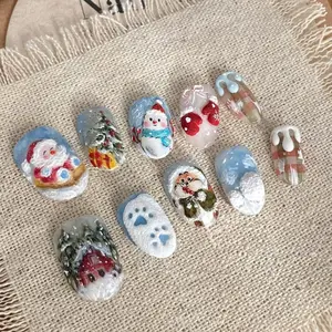 Christmas Press on Nails Winter Short Oval Nails Press Ons Blue Matte False Nails with Cartoon Snowman Christmas Tree Design Full Cover Artificial Xmas Cute Fake Nails for Women Girls