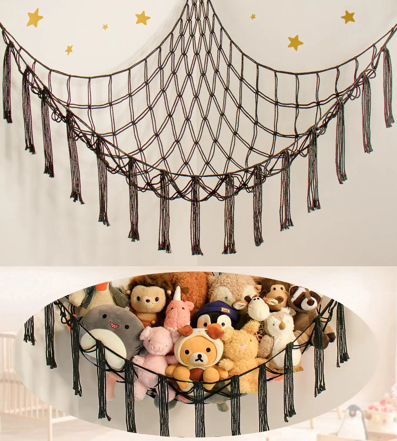 Wall Hanging Stuffed Animal Hammock – Boho Style Macrame Storage Net with Tassels, Room Decor Essential Organizer