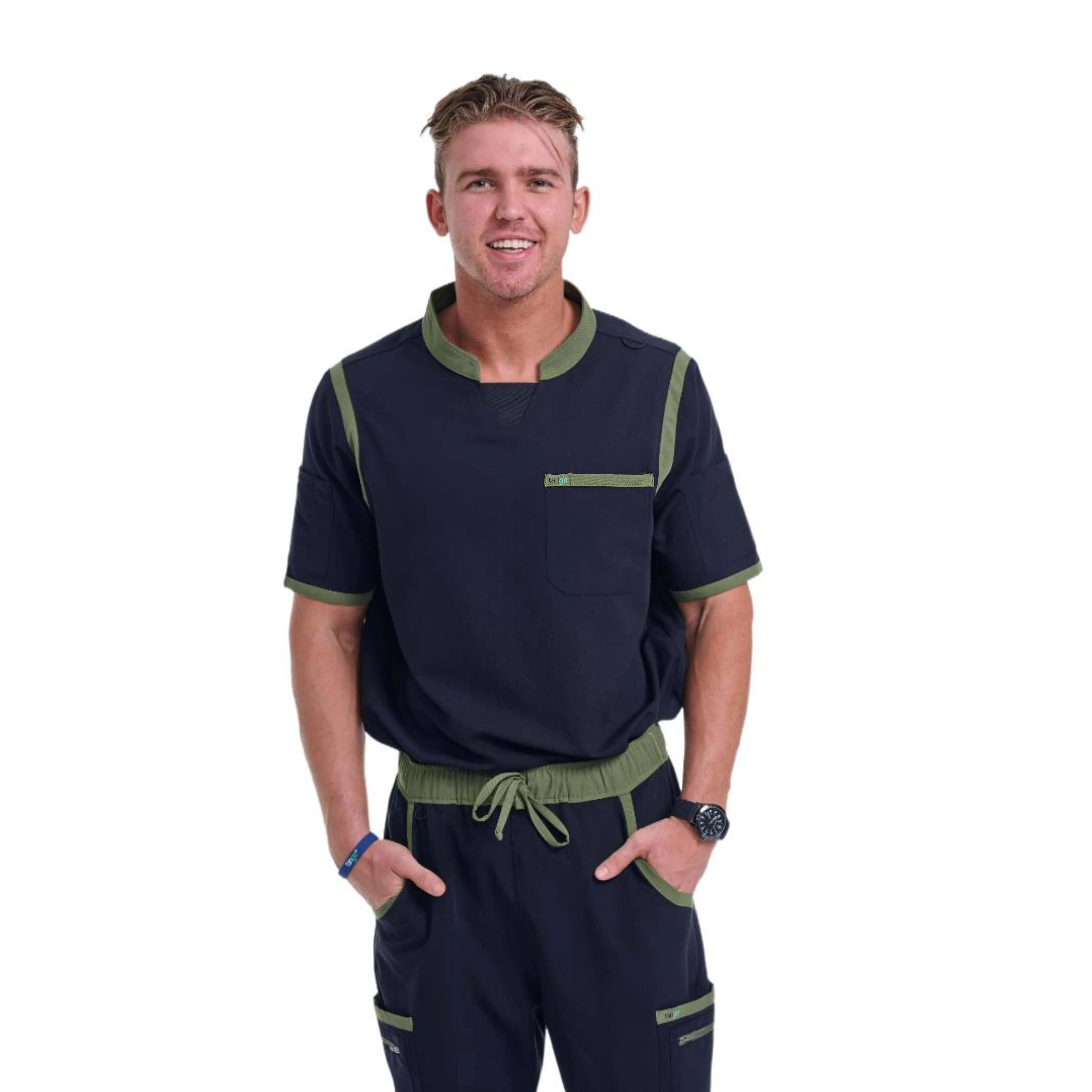 Men's Jet Black / Olive C-Collar Scrub Top
