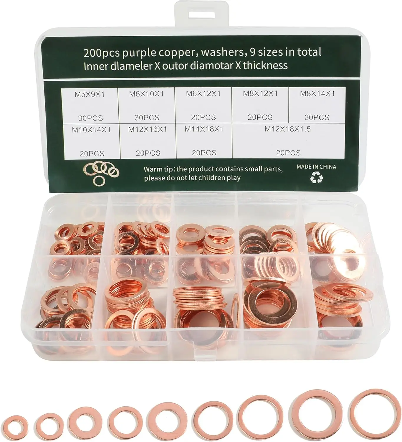 200 count Crush Washer Assortment, M5-M14 Metric Copper Washers, Suitable for