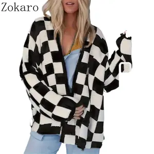Plus Size Cardigan for Women| Cozy Open Front Sweater with Red & White Checkered Pattern| Perfect for Fall Winter Casual Outfits| Long Sleeve Trendy Fashion, Great for Loungewear and Layering Knit Knitwear
