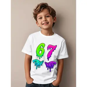 Kids' SIX SEVEN 67 Number Print T-Shirt with Ice Cream Cone Design |   Summer Short Sleeve Tee, Casual Party Outfit, Machine Washable, Crew Neck, Regular Fit, Available in Black/White & More Colors