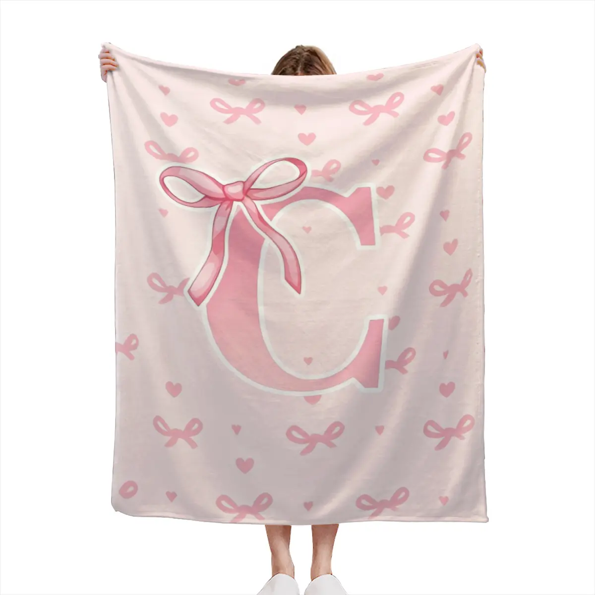 Coquette Pink Bow Initial O Throw Blanket, Monogram Letter O Flannel Blanket, Soft Cute Girly Aesthetic Decor Blanket, Personalized Gift for Women