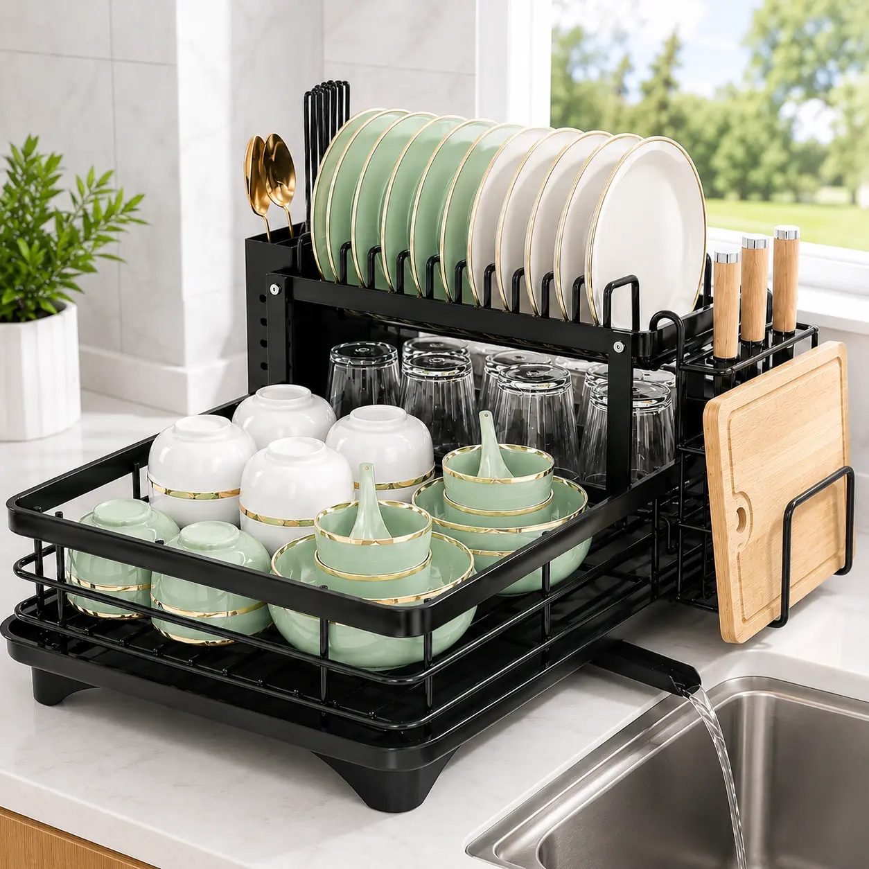 Stainless Steel Rectangular 2-Tier Multifunctional Dish Drying Rack with Drain Board, Utensil Holder, Cup Holder, Chopstick Organizer, Large-Capacity Space-Saving Kitchen Sink Area Organizer, Black, Box Packaging, Rectangular Shape