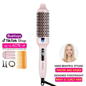 Buetuys 3-in-1Curling Iron Thermal Brush 1.5"Barrel for All  Types Blowout Brush Pink  Straightener Curler Styling Tools  with LED Display Automatic Ceramic salon-quality curl Small Heating Pencil Straightener hair dryer