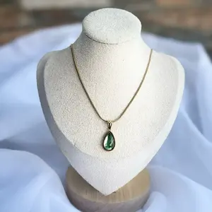 Stainless Steel Hypoallergenic PVD Plated Necklace with Elegant Green Teardrop Pendant for Everyday Wear