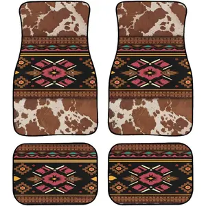 Aztec Cow Print Front Rear 4 Piece Set Vehicle Decor Mat Mats for Car Heavy Duty Car Interior Rugs Universal Fit for Most Cars Vehicles Floor Mats for Car