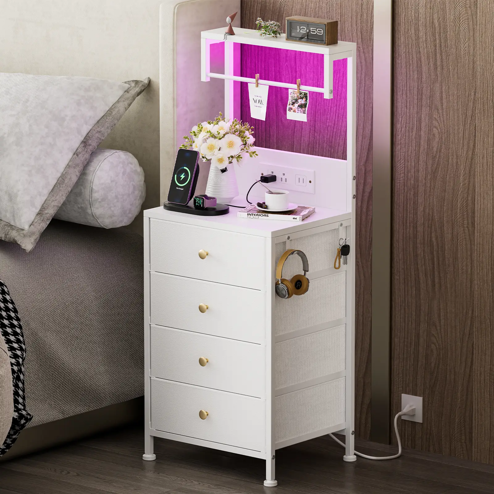 LED Tall Nightstand Set with Charging Station, 4 Fabric Drawers, Metal Frame, Wood Top, Storage Cabinet for Bedroom, Living Room, Entryway, Closet