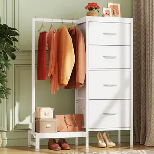 Dresser With Hanging Rack，Closet Organizer,2 In 1 Storage Tower Holds 50 LBS，Safe Anti Tip Unit For Small Spaces，Multi Functional Clothes Storage Dresser
