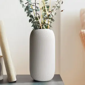 White Ceramic Ribbed Vases for Home Decor,Small Flower Vase for Pampas Grass,Modern Minimalist Decor,Boho Vase