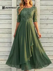 DC DUMPECCI Womenswear Trendy Deep V-Neck Lace Maxi Dress | Slim Fit Chiffon Gown for an Elegant Lady Outfit, Perfect as Bridesmaid or Party Dress Chic Green Chic
