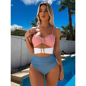 2026 New Women's Bikini Set: Blush Pink & Teal Color Block, Ruched Sweetheart Top, High-Waist Bottoms, Golden Oval Hardware, Elegant Modern Beach Style,spring glow,mesh top,chic design,mesh top,sport bra