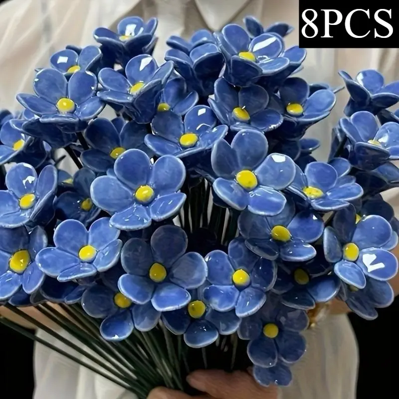 8PCS,Hand-molded Decorative Ceramic Flowers, Forget-Me-Not Ceramic Flowers, Blue Love Handmade Ceramic Craft, Never Fades, Indoor and Outdoor Home Decor,Holiday Gift, Home Ornament, Artificial Flower Decorations, Decorative Flower Ornaments