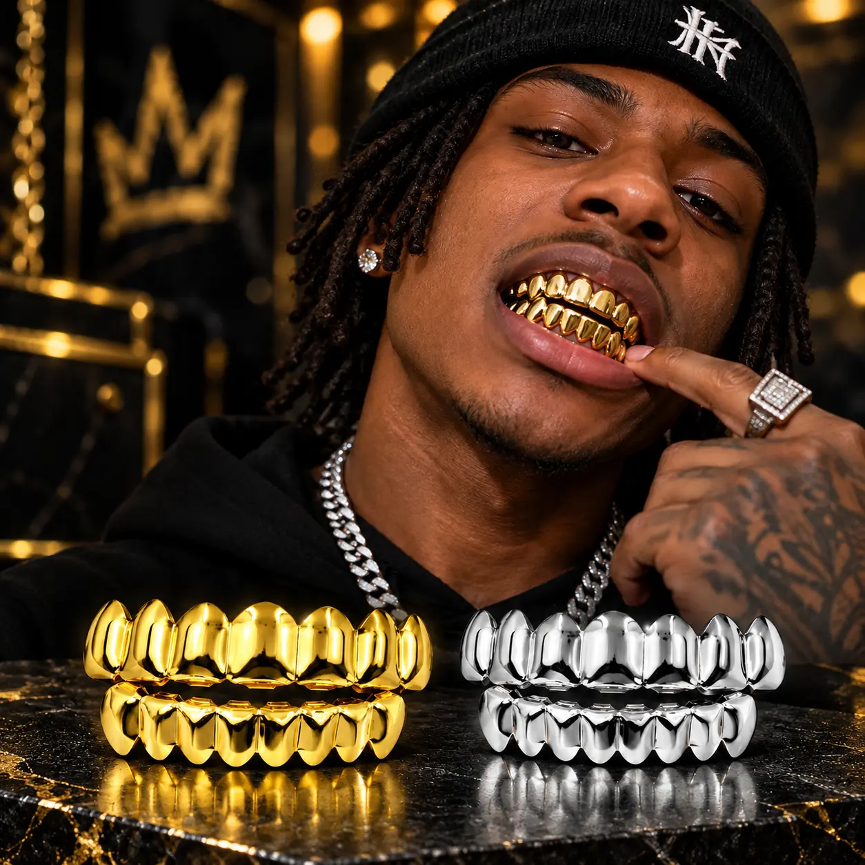 2 Count Stainless Steel 8 Tooth Grillz Gold Silver Plated Fang Teeth Caps Hip Hop Rap Costume Jewelry Unisex Vampire Teeth for Men Women Halloween Party Christmas Birthday Gift
