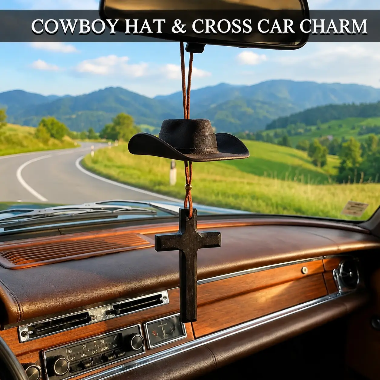 Cowboy Hat Wooden Cross Car Hanging Pendant, Rearview Mirror Decor Accessory, Rustic Western Car Ornament, Black & Brown,Car Accessories for Women and Men