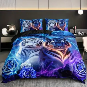 3 tiger animal blue rose duvet covers, 1 duvet cover+2 pillowcases (without pillowcases), high-definition printing for home and dormitory, essential dormitory items, animal printing, modern bedding, durable materials, printed bedding, Duvet Cover Set