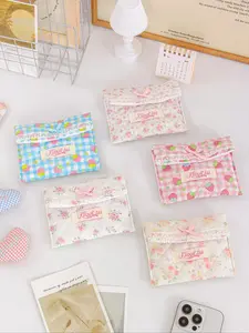 Cute Strawberry Floral Bow Lipstick Pouch, Handheld Cosmetic Pouch, Cosmetic Pouch, Makeup Pouch, Sanitary Pad Bag, Card Holder, Quilted Storage Bag, Soft Fabric, Multi-Purpose Organizer