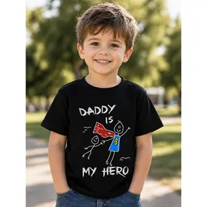 T-Shirt with a Cartoon Print Saying 'DADDY IS MY HERO', Cute And Comfortable, Perfect for Everyday Outdoor Wear