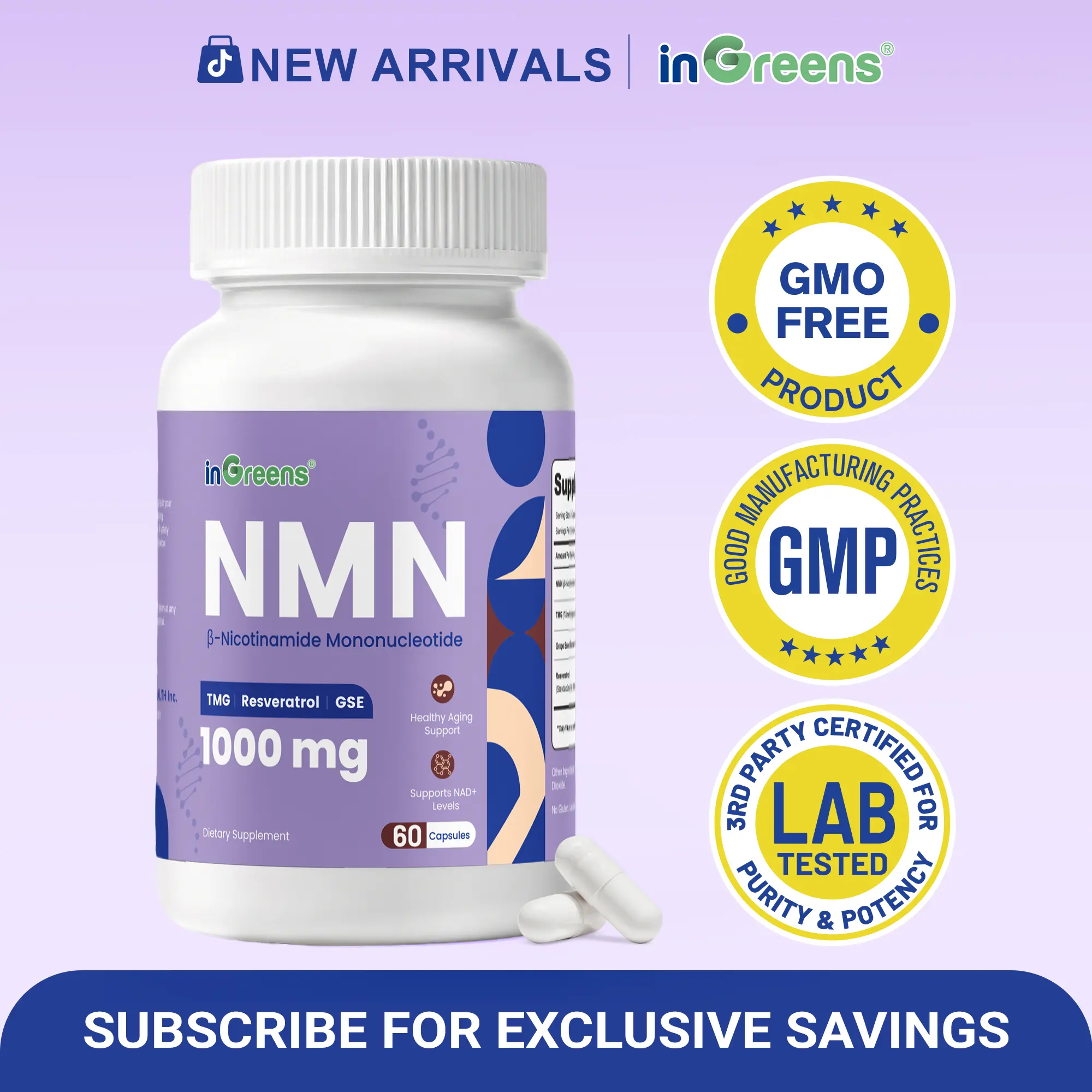 inGreens NMN 1000mg Dietary Supplement Bottle (140g) with Trans-Resveratrol, TMG, Grape Seed Extract - Sugar Free, Gluten Free - 3rd Party Lab Tested for Cellular Energy, Body Health - 60 Capsules