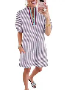 Women's Striped Print Dress V Neck Puff Sleeve Casual Tunic Dress with Pockets Loose Fit Summer Shift Dress Shortsleeve Womenswear