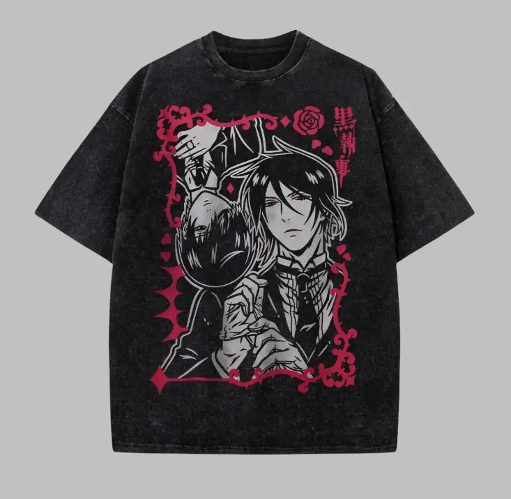 Retro Black Butler Crewneck Shirt, Sebastian Michaelis Anime Tee, Gothic Vampire Manga Graphic T-Shirt, Dark Japanese Anime Streetwear, Gothic Manga Vampire Aesthetic, Dark Anime Shirt Cotton Short sleeve Casual