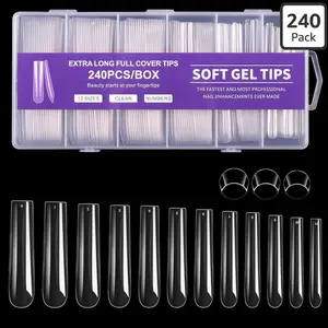 Transparent Coffin Nail Tips Full Cover Long 240 pcs Sizes 0-11 with Organizer Case for Acrylic Gel Polygel Easy to File and Adjust