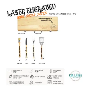 Premium Personalized Laser Engraved Rubberwood 11-piece BBQ Grill Set with Case