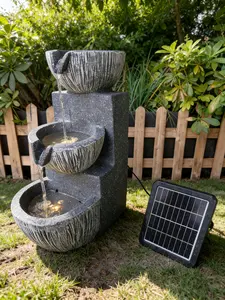 Outdoor Solar-Powered 3-Tier Stone Texture Water Fountain Garden Yard Auto-Recirculating Water Feature Decor with Solar Panel