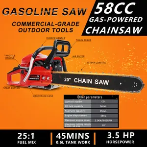 20 Inch Gas Chainsaw,power tools 58CC 2-Stroke Gas Powered Chainsaw, Handheld Cordless Chainsaw, High-Power Logging Saw for Wood Cutting and Tree Trimming