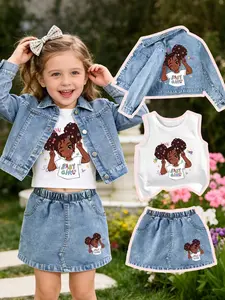 Girls' Denim Jacket Set, Includes Jean Skirt & Sleeveless Top, Cartoon Girl Design, Perfect Gift for Outdoor Activities, Casual Outfit Set, Denim Skirt Sets