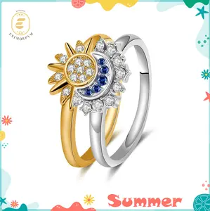 EOM Sun & Moon Ring Rhinestone Band White/Golden Metal Coating Romantic Gift for Couples Weddings Anniversaries