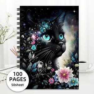 New Bestselling A5 Floral Cat Notebook, 100 Pages Sketchbook, Spiral Coil Journal, Writing Pad, Ideal for Drawing and Note-Taking