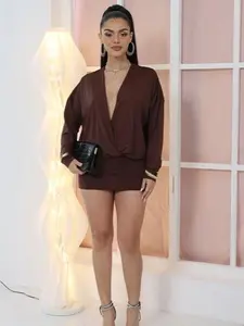 Sexy Fitted Stylish Cowl Plunge Neck Long Sleeve Mini Bodycon Dress Clubwear Party Birthday Outfit