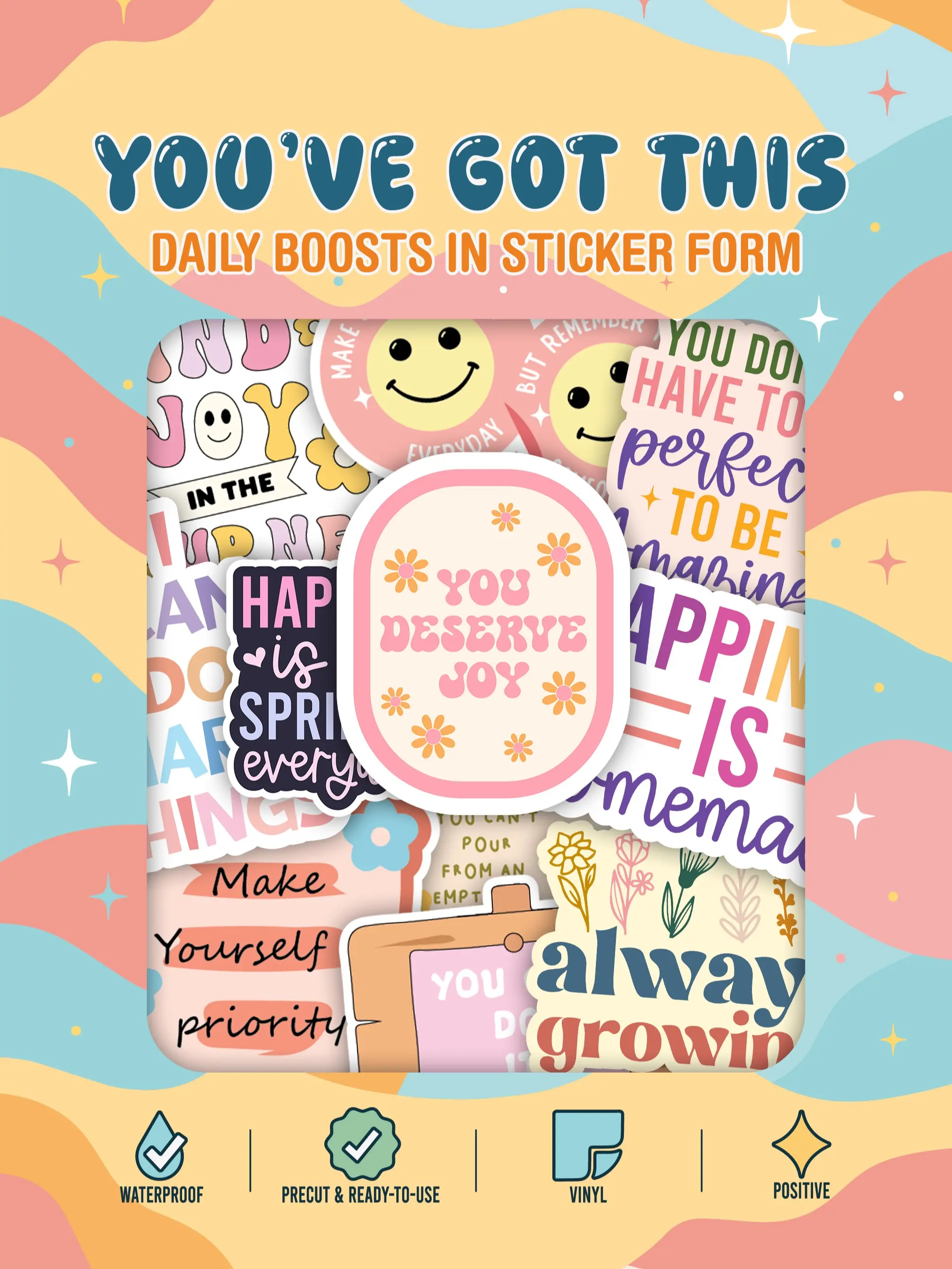 300pcs Holographic Affirmation Stickers  Boost positivity on water bottles, journals, vision boards & more! Perfect for kids & daily self-care