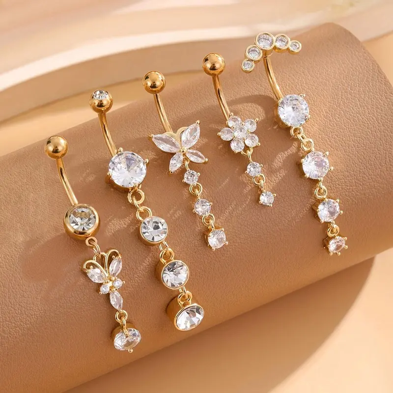 Women's Elegant Butterfly & Flower Design Belly Rings, Navel Ring, Rhinestone Belly Ring, Stainless Steel Belly Button Rings, Cute Trendy Belly Piercing Jewelry, Fashion Body Jewelry for Party & Daily Decor Valentine's Day Gift