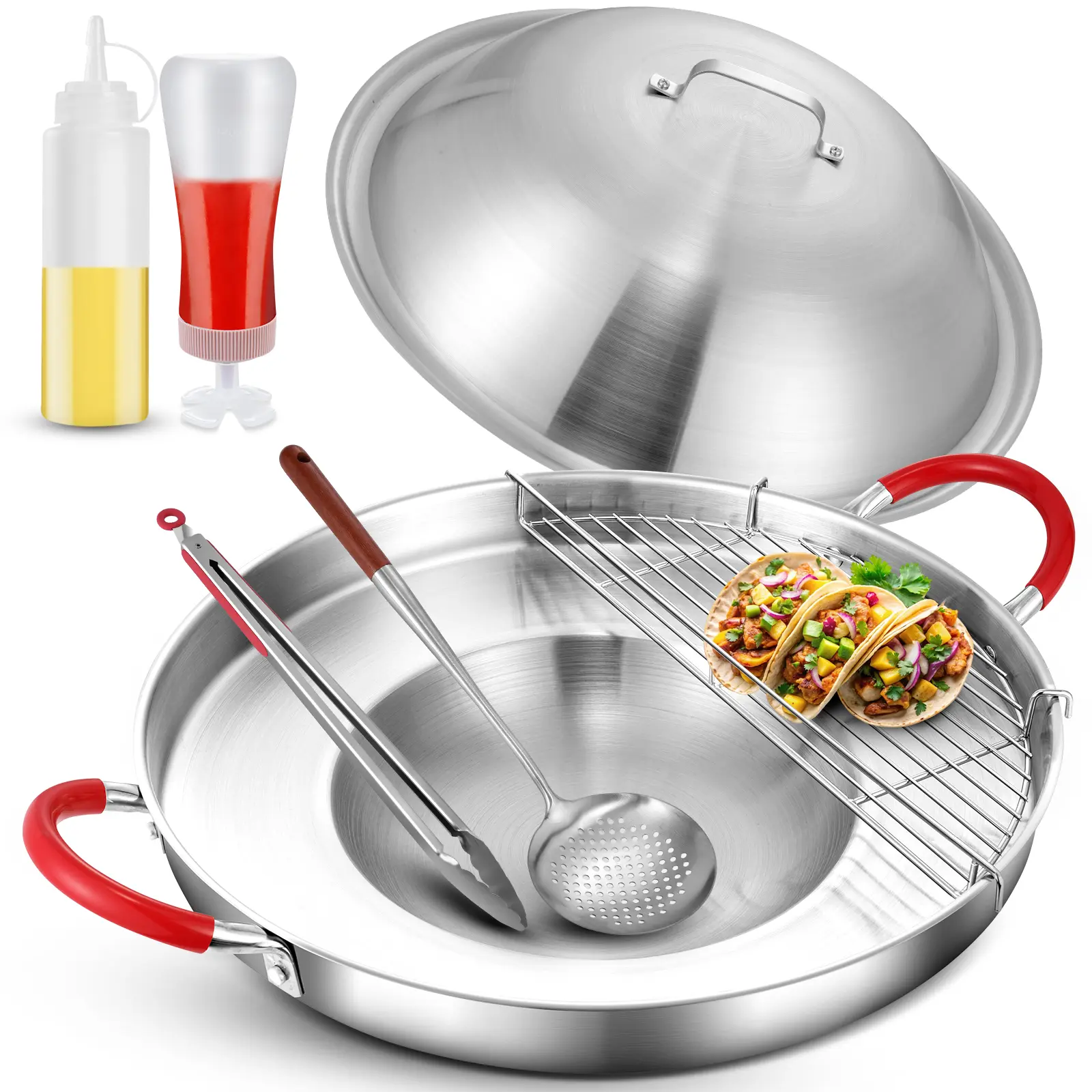 20" Mexican Comal Griddle Pan, Stainless Steel 7Pcs Discada Disc Cooker, Large Cookware Set, Domed Lid, Cooking Rack, Tongs, Shallow Colander and 2 Squeeze Bottles, Disco Para Cocinar Silicone Utensils Barbecue Accessories Kitchen