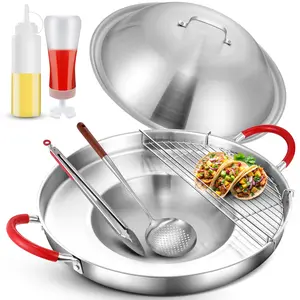 20" Mexican Comal Griddle Pan, Stainless Steel 7Pcs Discada Disc Cooker, Large Cookware Set, Domed Lid, Cooking Rack, Tongs, Shallow Colander and 2 Squeeze Bottles, Disco Para Cocinar Silicone Utensils Barbecue Accessories Kitchen