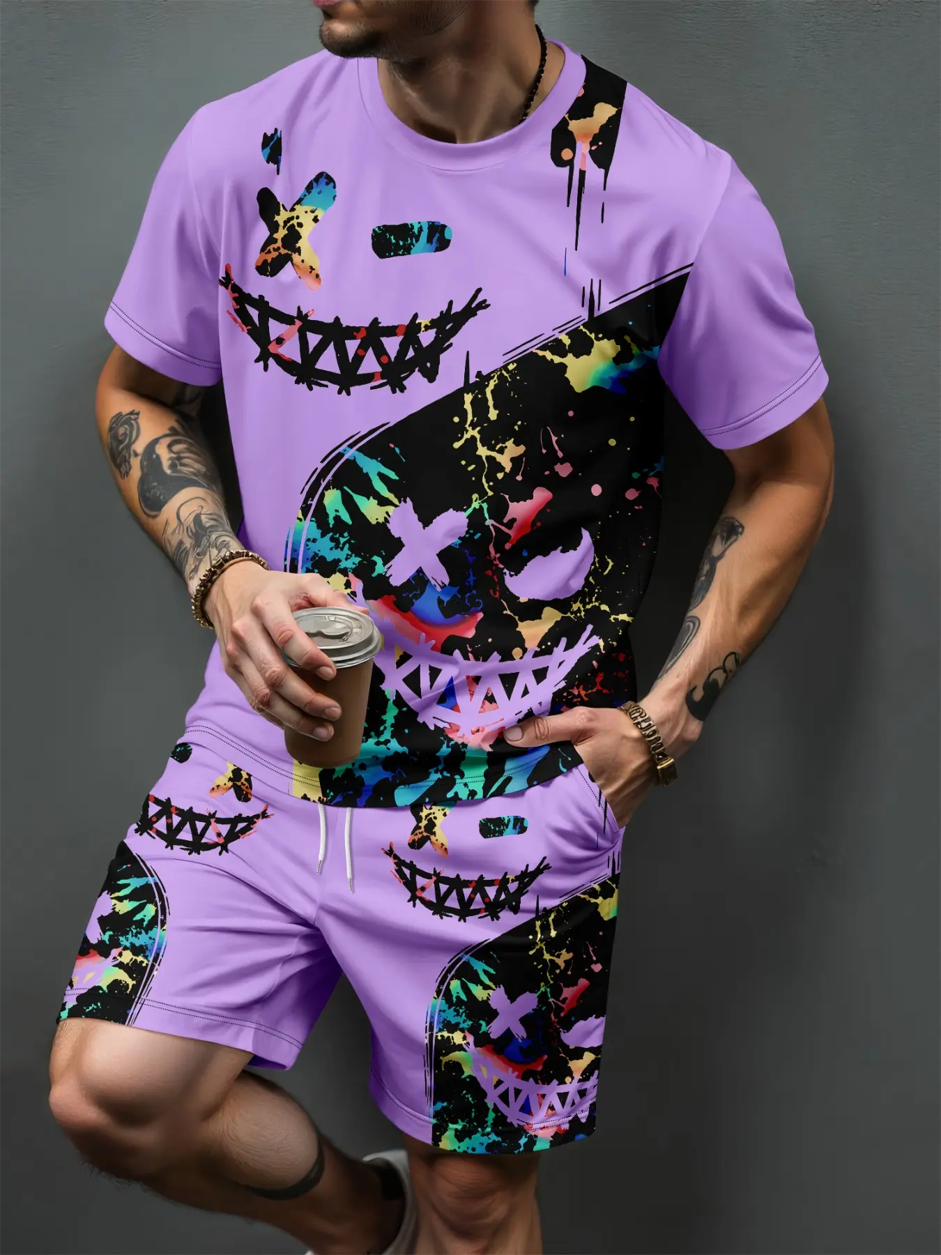 Men's Graffiti Evil Smile Print T-Shirt + Shorts Set, Casual Loose-Fitting Two-Piece, All Seasons Wear, Plain Surface Design