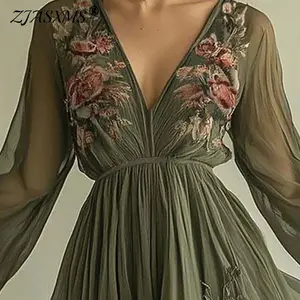 Women's Spring Long Sleeve High Waist Evening Dresses Sexy V Neck Floral Printed Boho