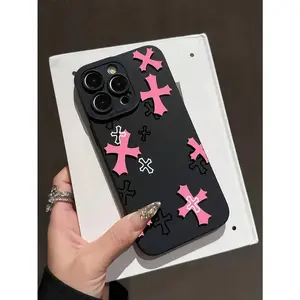1pc Black & Pink Cross Pattern Full Coverage TPU Shockproof Phone Case, Compatible With IPhone 16, 15, 14, 13, 12, 11 Pro Max, And Series