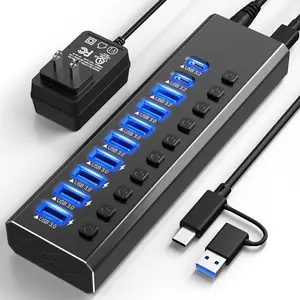 USB Hub 3.2,  10-Port USB 3.2/USB C Hub (10Gbps USB-A 3.2 +2 USB-C 3.2 +7 USB 3.0 Ports) with Individual On/Off Switches and 12V Power Adapter,  USB Hub  for Laptop PC