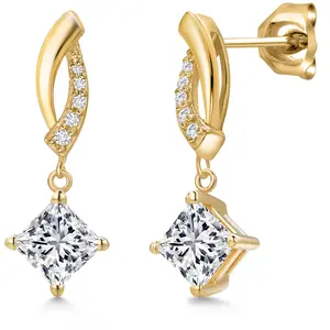 10K Yellow Gold 5MM Princess Gemstone Birthstone and White Lab Grown Diamond Infinity Dangle Earrings for Women | Gold Earrings For Women