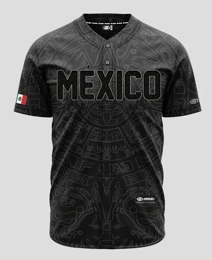 (BLACK) Aztec Mexico - Unisex Short Sleeve Jersey for Baseball & Softball, Fitted Design, Breathable Fabric, Machine Washable